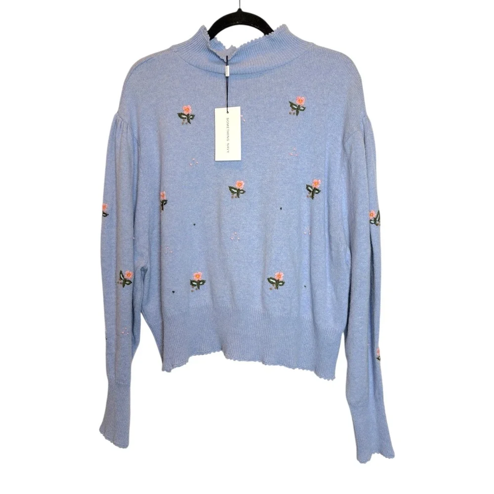 Something Navy Embroidered Mock Neck Sweater Blue Floral NWT Wool Blend Size XXL